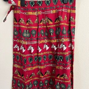 Vintage British Khaki Equestrian Print Midi Skirt